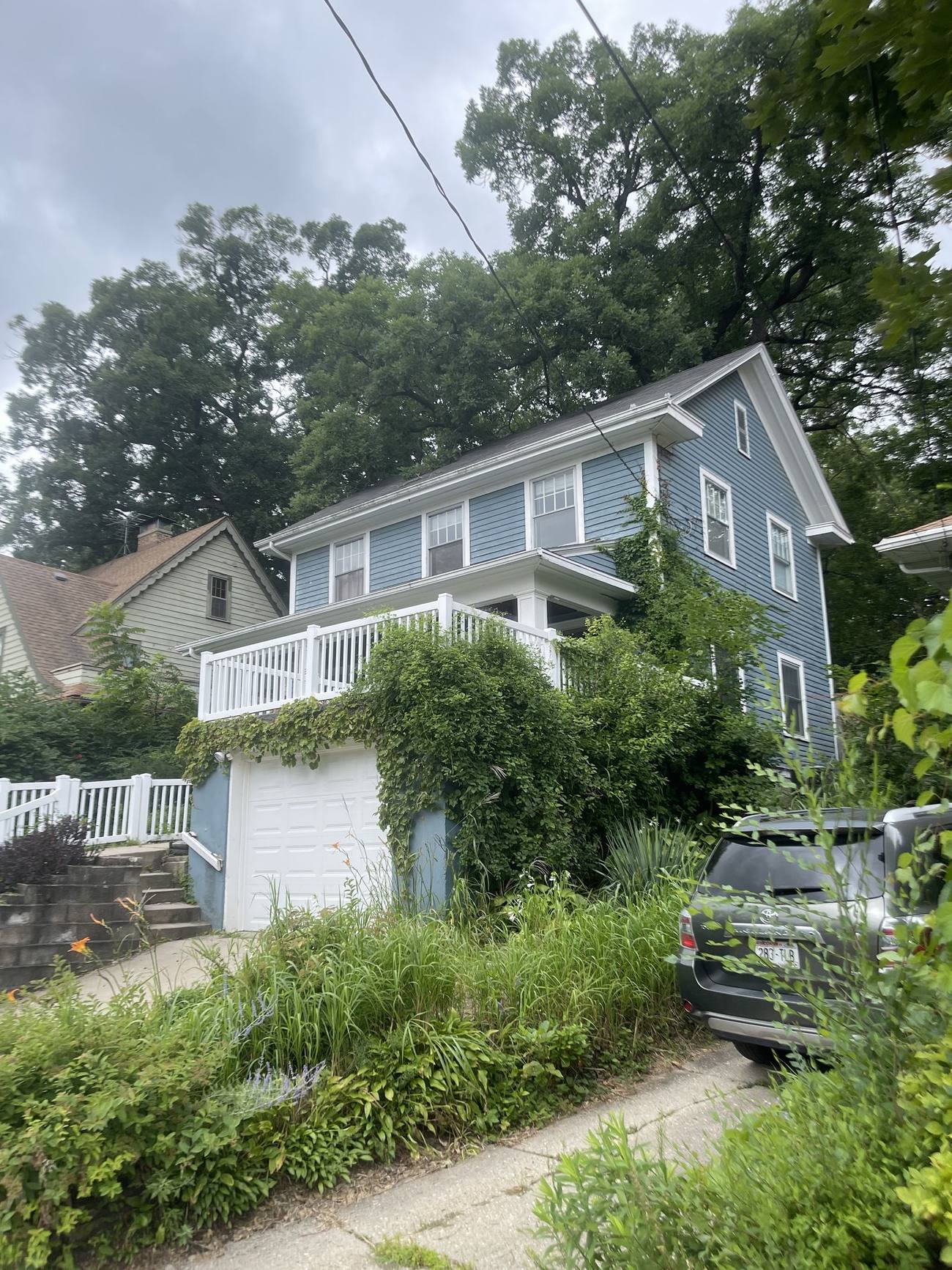 Madison WI home before exterior repaint with faded siding and overgrown yard